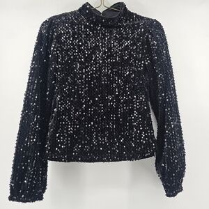 Black Sequin Long-Sleeve Mock Neck Top Sparkle Ballon Sleeves Holiday SANCTUARY